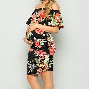 Off Shoulder Floral Maternity Dress - Ruched Ruffle
